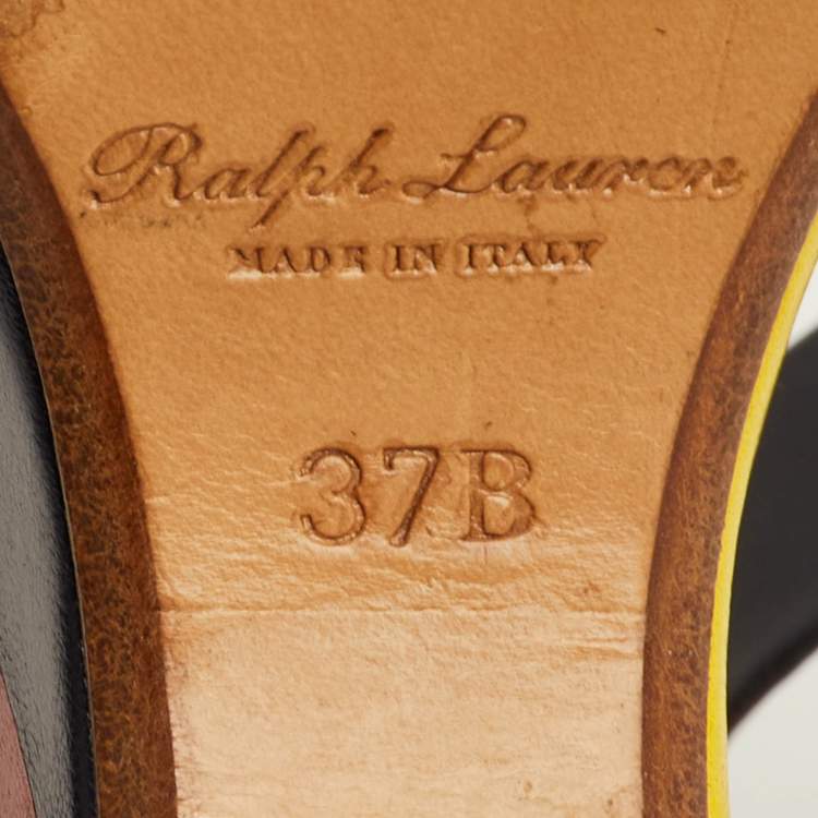 Pre Owned Ralph Lauren Arianna Size 37 Navy Blue Leather Colorblock Platform Wedge Sandals