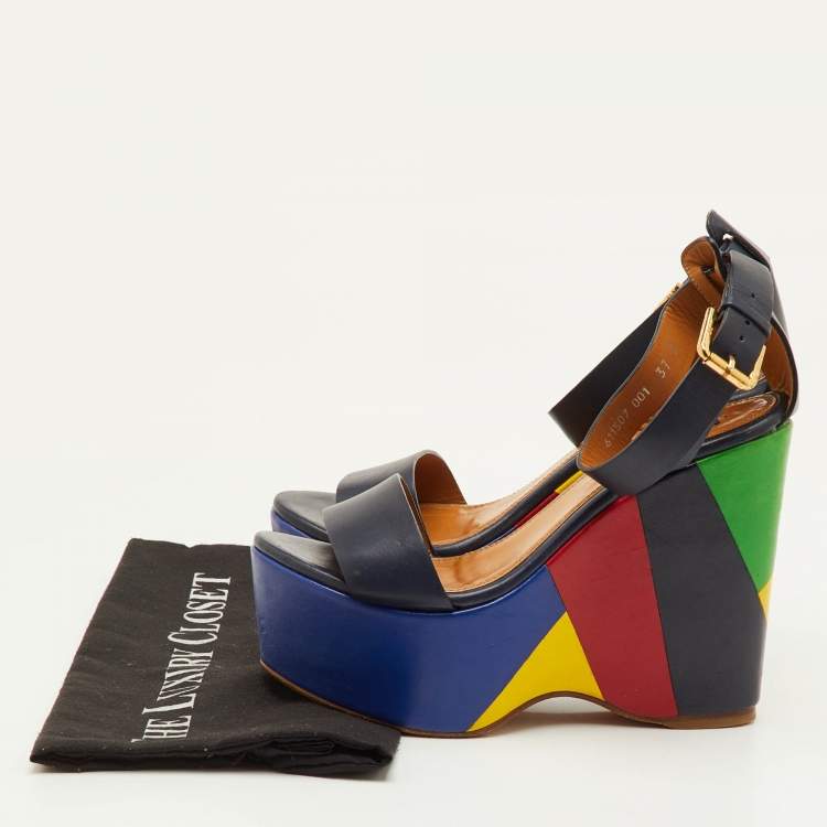 Pre Owned Ralph Lauren Arianna Size 37 Navy Blue Leather Colorblock Platform Wedge Sandals