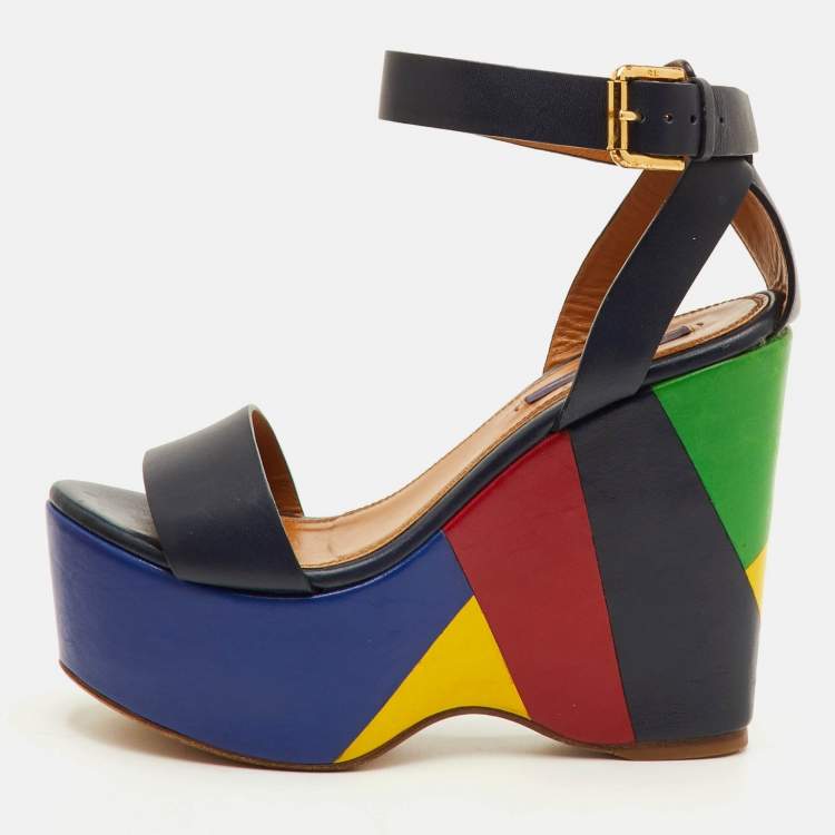 Pre Owned Ralph Lauren Arianna Size 37 Navy Blue Leather Colorblock Platform Wedge Sandals