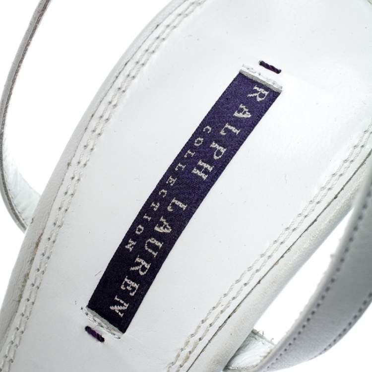Pre Owned Ralph Lauren White Leather Chain Detail Ankle Wrap Wedge Sandals Size 40