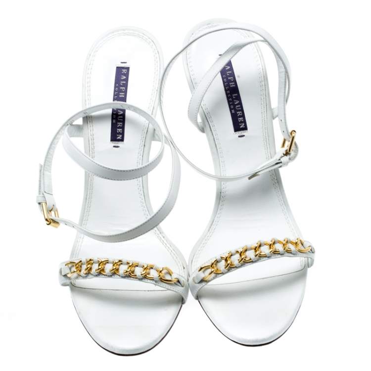 Pre Owned Ralph Lauren White Leather Chain Detail Ankle Wrap Wedge Sandals Size 40