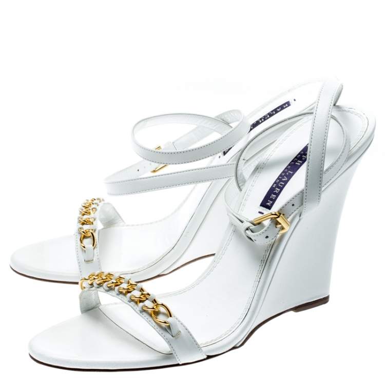 Pre Owned Ralph Lauren White Leather Chain Detail Ankle Wrap Wedge Sandals Size 40