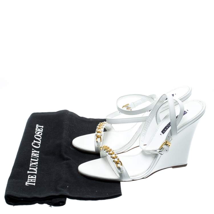 Pre Owned Ralph Lauren White Leather Chain Detail Ankle Wrap Wedge Sandals Size 40