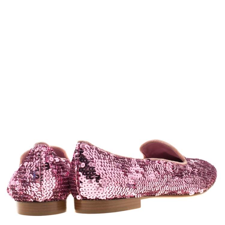 Pre Owned Ralph Lauren Pink Sequin Embellished Quintessa Pewter Smoking Slippers Size 37