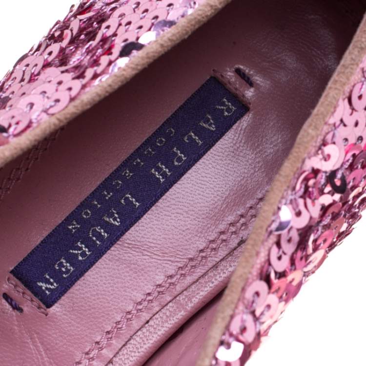 Pre Owned Ralph Lauren Pink Sequin Embellished Quintessa Pewter Smoking Slippers Size 37