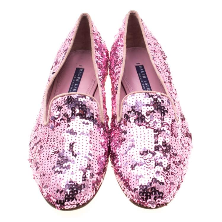 Pre Owned Ralph Lauren Pink Sequin Embellished Quintessa Pewter Smoking Slippers Size 37