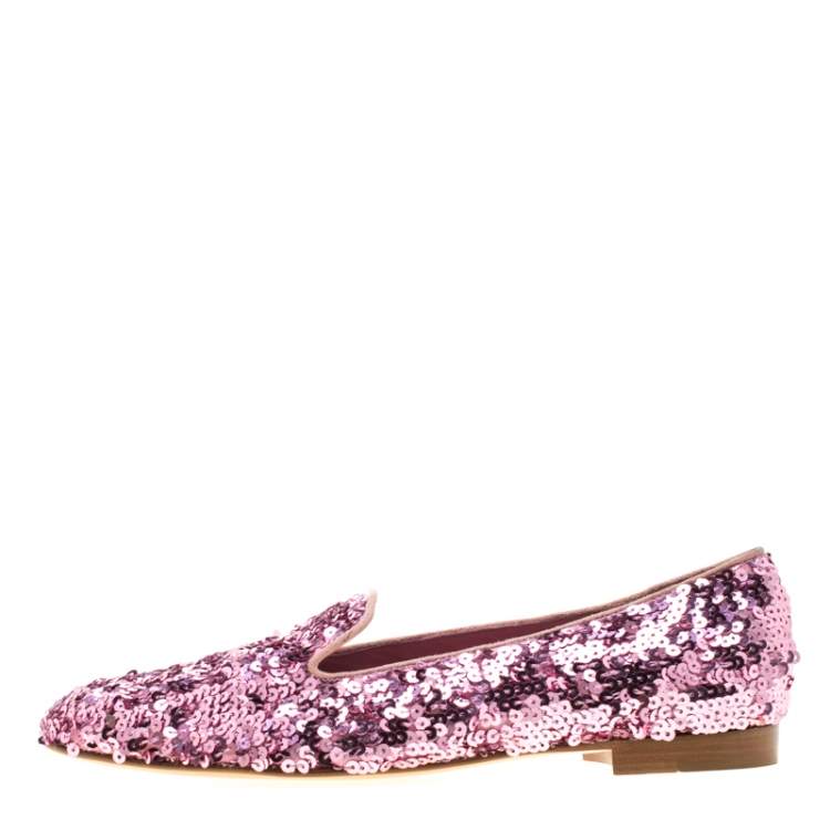 Pre Owned Ralph Lauren Pink Sequin Embellished Quintessa Pewter Smoking Slippers Size 37