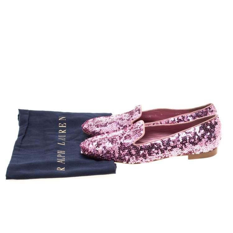 Pre Owned Ralph Lauren Pink Sequin Embellished Quintessa Pewter Smoking Slippers Size 37