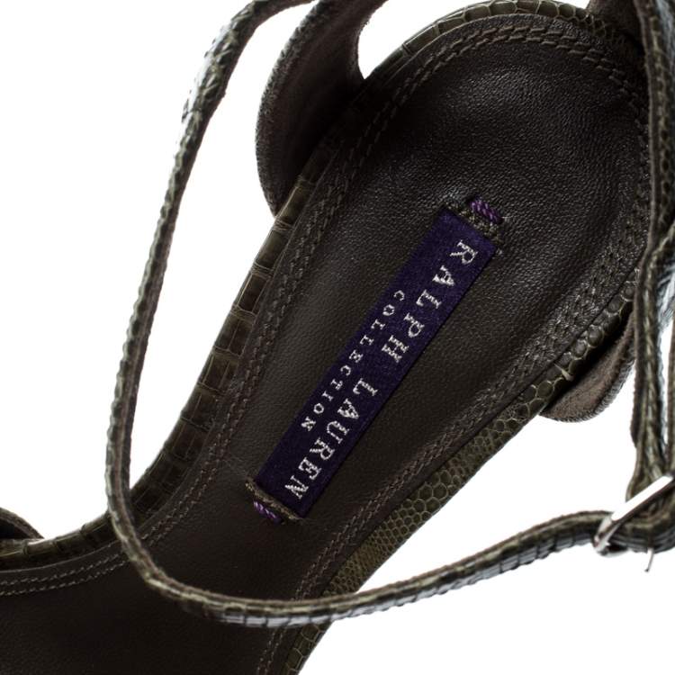 Pre Owned Ralph Lauren Olive Green Lizard Leather Jeanette Ankle Strap Sandals Size 39