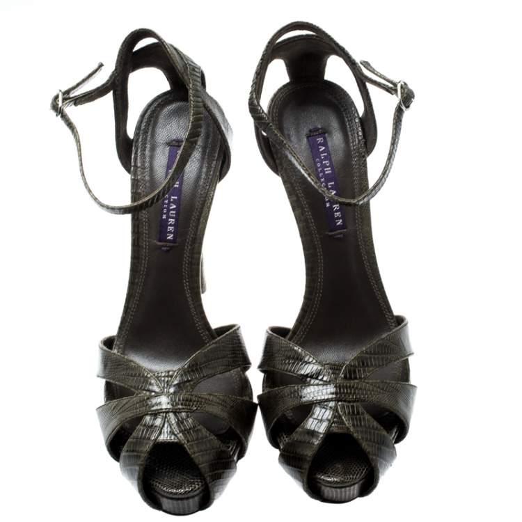 Pre Owned Ralph Lauren Olive Green Lizard Leather Jeanette Ankle Strap Sandals Size 39