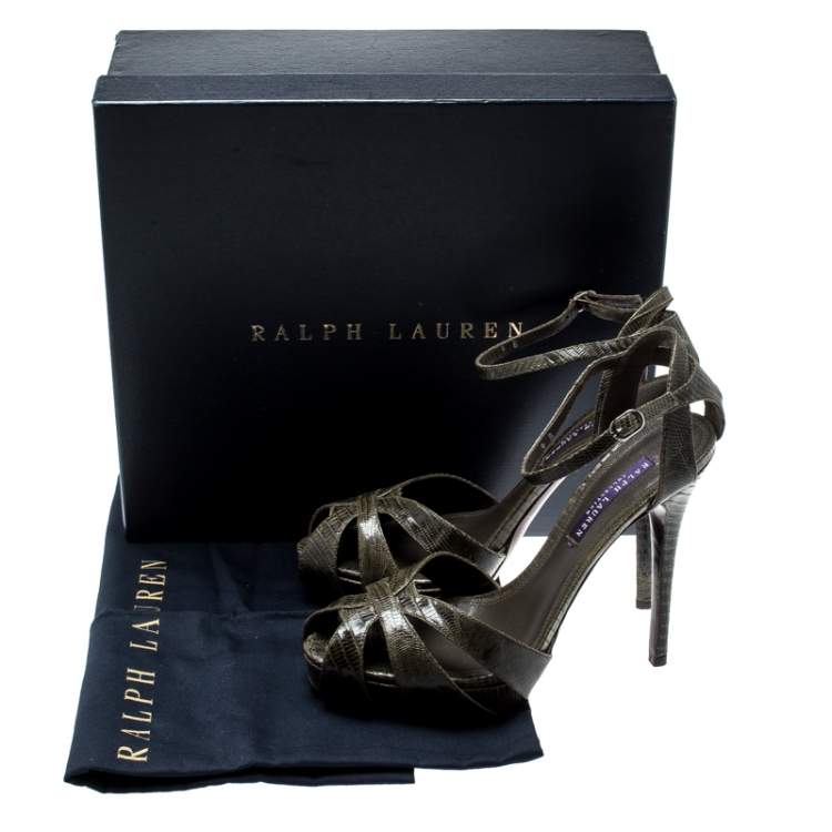 Pre Owned Ralph Lauren Olive Green Lizard Leather Jeanette Ankle Strap Sandals Size 39
