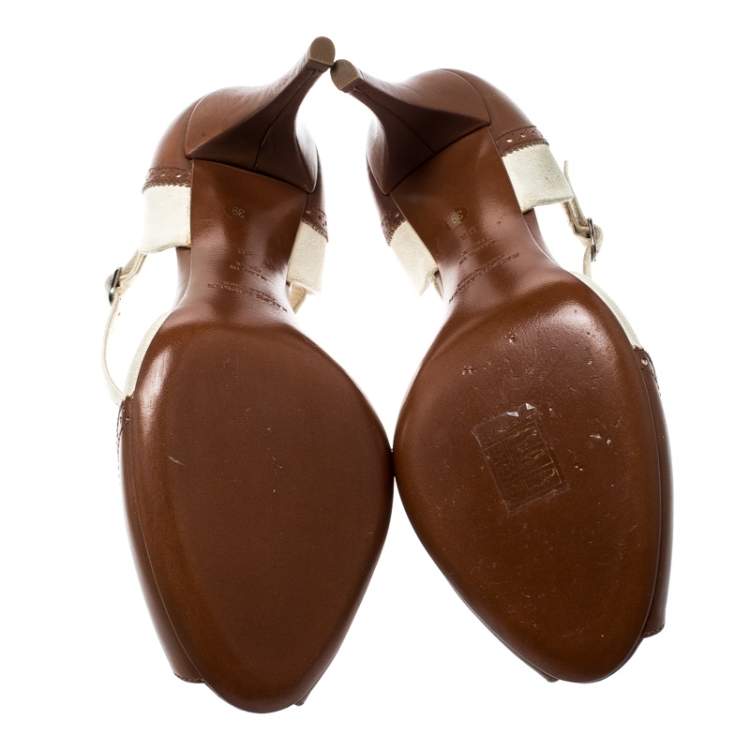 Pre Owned Ralph Lauren Cognac Brown Leather And Cream Suede Arianna Peep Toe T-Strap Sandals Size 39