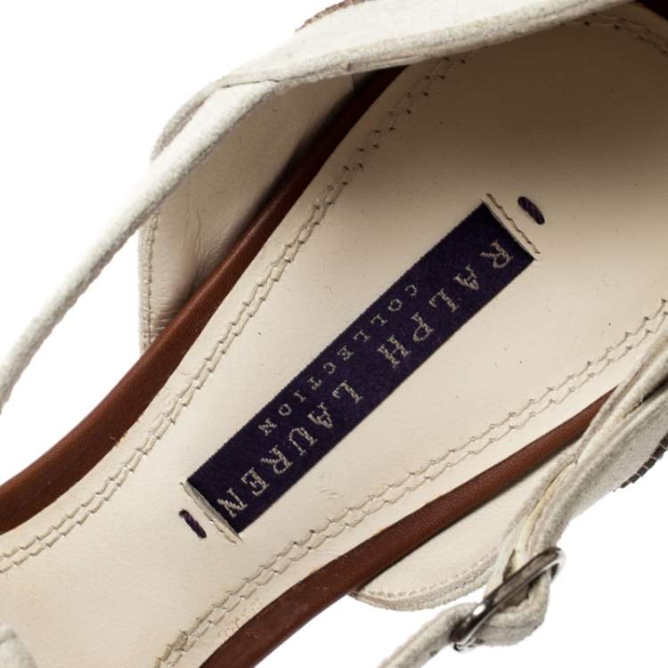 Pre Owned Ralph Lauren Cognac Brown Leather And Cream Suede Arianna Peep Toe T-Strap Sandals Size 39