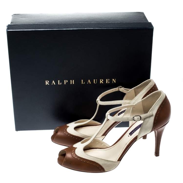 Pre Owned Ralph Lauren Cognac Brown Leather And Cream Suede Arianna Peep Toe T-Strap Sandals Size 39