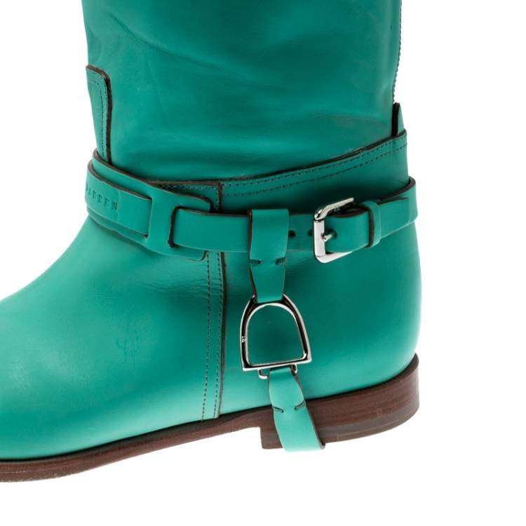 Pre Owned Ralph Lauren Collection Green Leather Buckle Detail Knee Length Boots Size 39