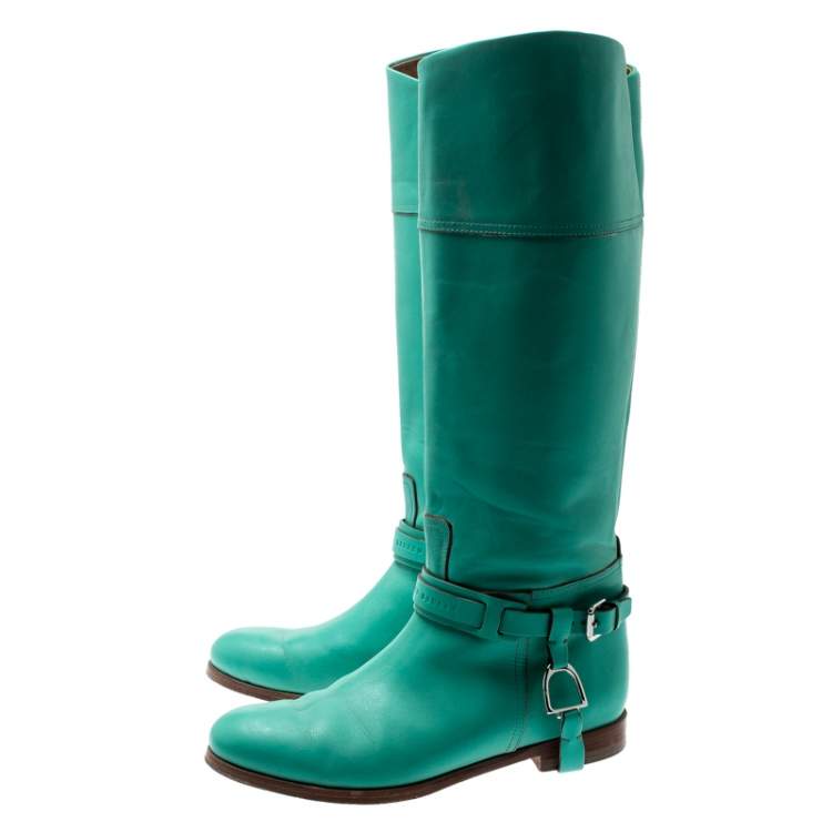 Pre Owned Ralph Lauren Collection Green Leather Buckle Detail Knee Length Boots Size 39