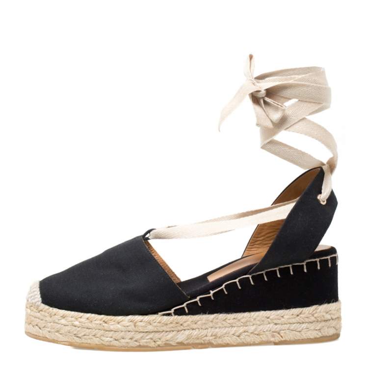 Pre Owned Ralph Lauren Black Canvas Uma Espadrille Wedge Ankle Wrap Platform Sandals Size 41