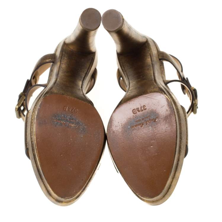Pre Owned Ralph Lauren Metallic Gold Leather Estrid Platform Ankle Strap Sandals Size 37.5
