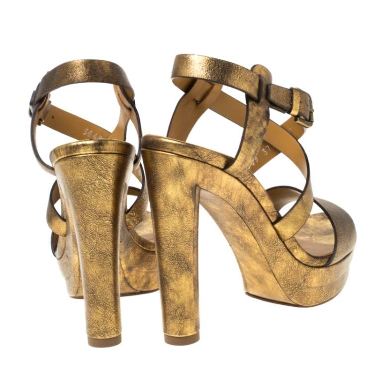 Pre Owned Ralph Lauren Metallic Gold Leather Estrid Platform Ankle Strap Sandals Size 37.5