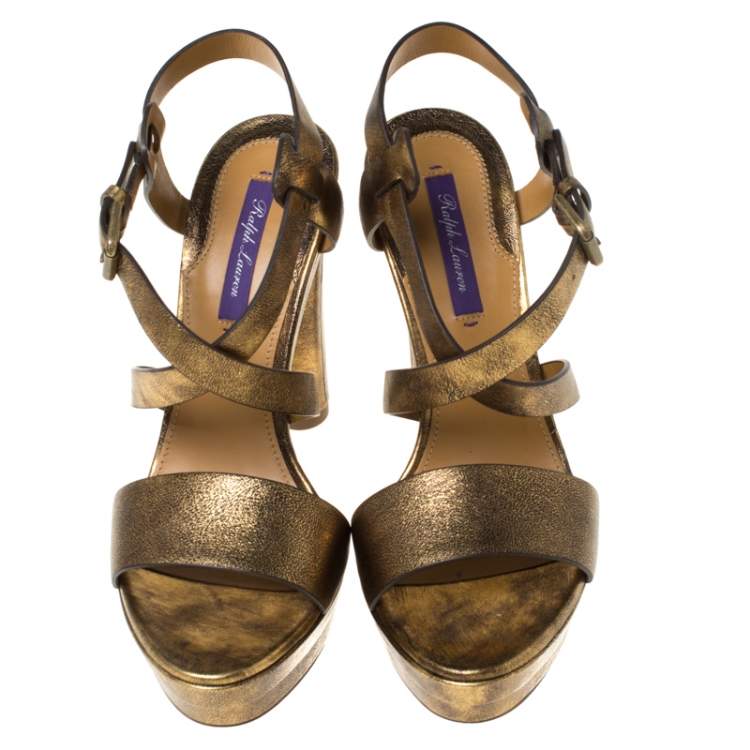 Pre Owned Ralph Lauren Metallic Gold Leather Estrid Platform Ankle Strap Sandals Size 37.5