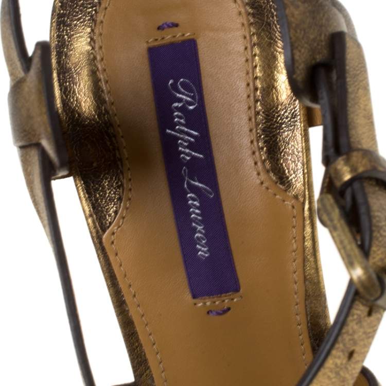 Pre Owned Ralph Lauren Metallic Gold Leather Estrid Platform Ankle Strap Sandals Size 37.5