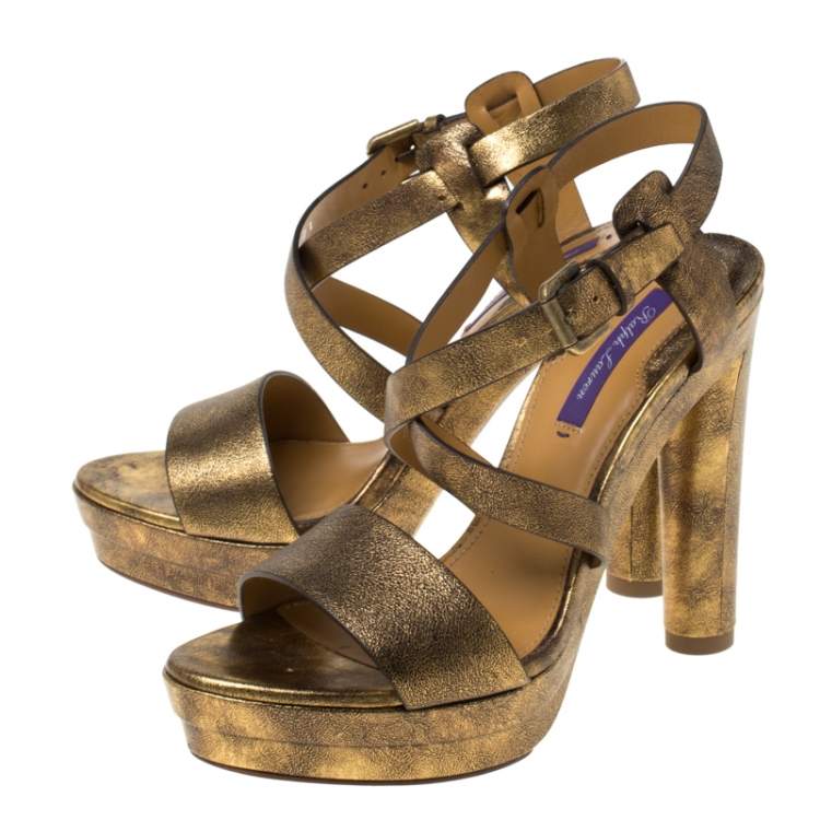 Pre Owned Ralph Lauren Metallic Gold Leather Estrid Platform Ankle Strap Sandals Size 37.5