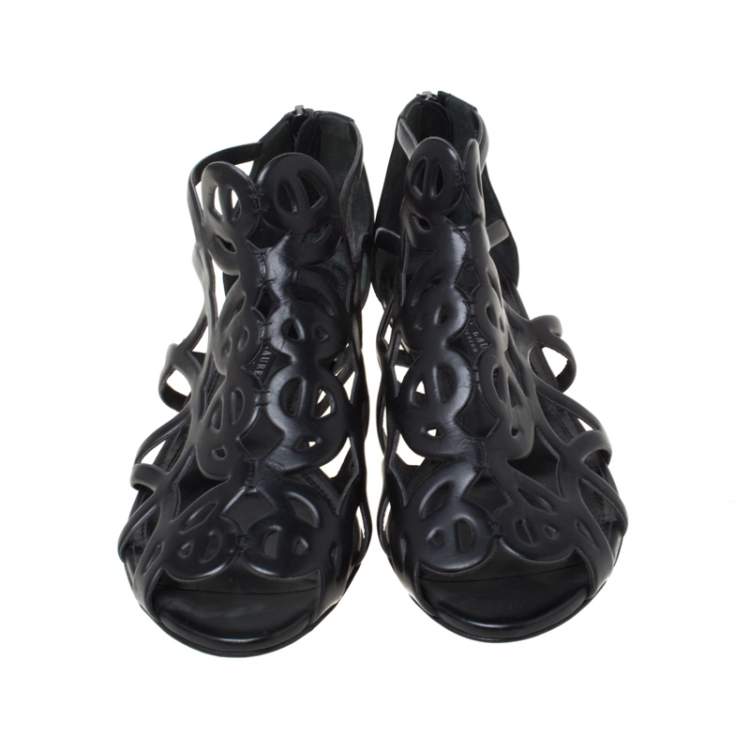 Pre Owned Ralph Lauren Collection Black Leather Cut Our Flat Sandals Size 37