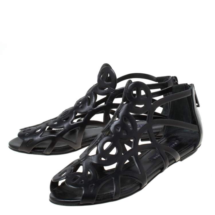 Pre Owned Ralph Lauren Collection Black Leather Cut Our Flat Sandals Size 37