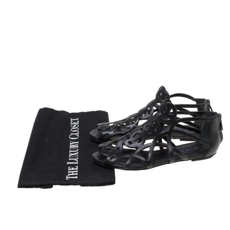 Pre Owned Ralph Lauren Collection Black Leather Cut Our Flat Sandals Size 37