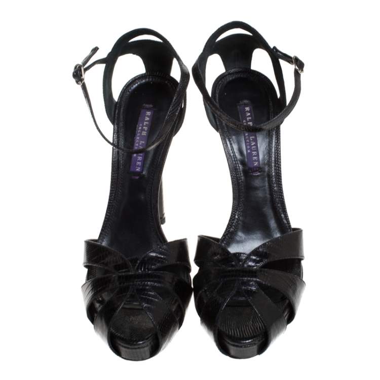 Pre Owned Ralph Lauren Black Lizard Jeanette Ankle Strap Sandals Size 40