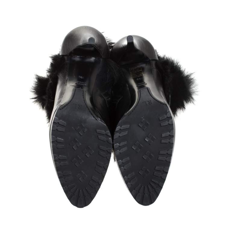Pre Owned Ralph Lauren Black Leather and Faux Fur Vivian Ankle Boots Size 40
