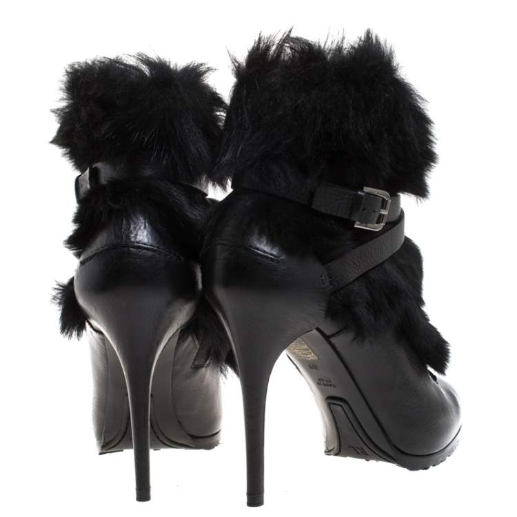 Pre Owned Ralph Lauren Black Leather and Faux Fur Vivian Ankle Boots Size 40