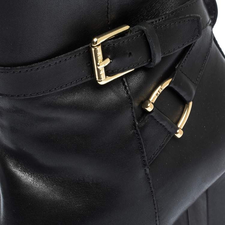 Pre Owned Ralph Lauren Black Leather Buckle Strap Knee Boots Size 37