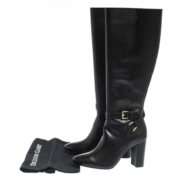Pre Owned Ralph Lauren Black Leather Buckle Strap Knee Boots Size 37