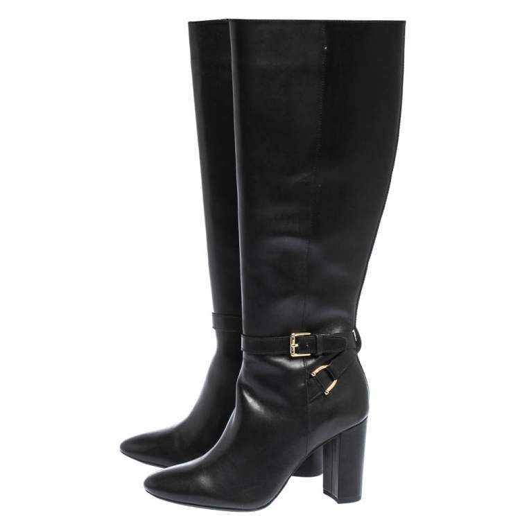 Pre Owned Ralph Lauren Black Leather Buckle Strap Knee Boots Size 37
