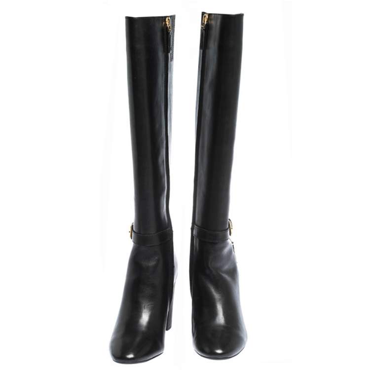 Pre Owned Ralph Lauren Black Leather Buckle Strap Knee Boots Size 37