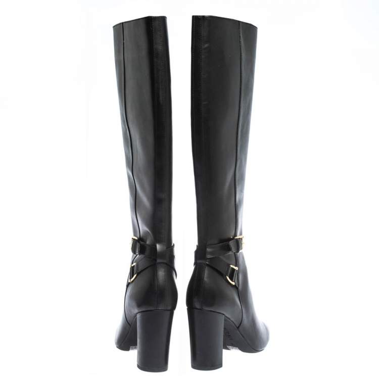 Pre Owned Ralph Lauren Black Leather Buckle Strap Knee Boots Size 37