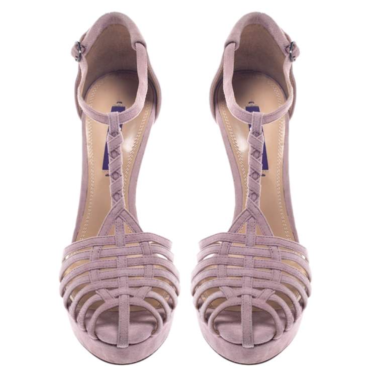 Pre Owned Ralph Lauren Pink Suede Leather T Strap Platform Sandals Size 40