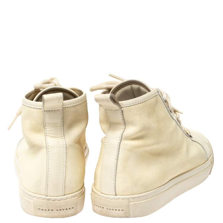 Pre Owned Ralph Lauren Light Cream Unlined Leather Lace High Top Sneakers Size 40