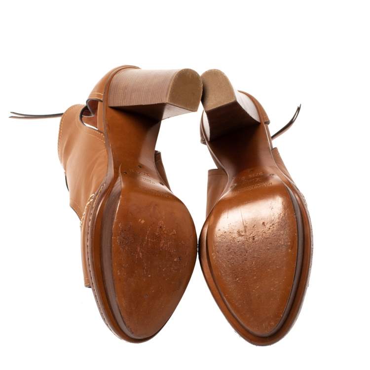 Pre Owned Ralph Lauren Tan Cut Out Leather Platform Sandals Size 37.5
