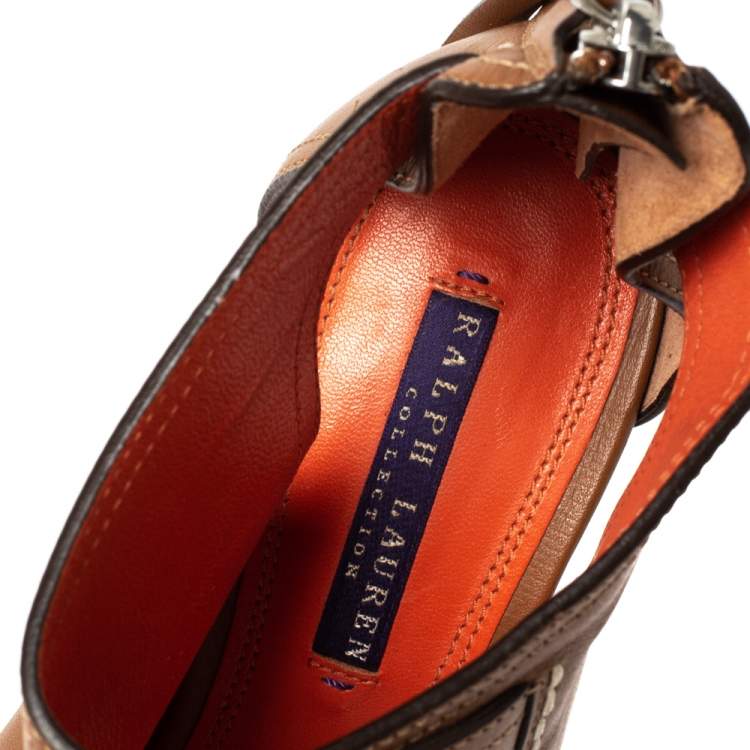 Pre Owned Ralph Lauren Tan Cut Out Leather Platform Sandals Size 37.5