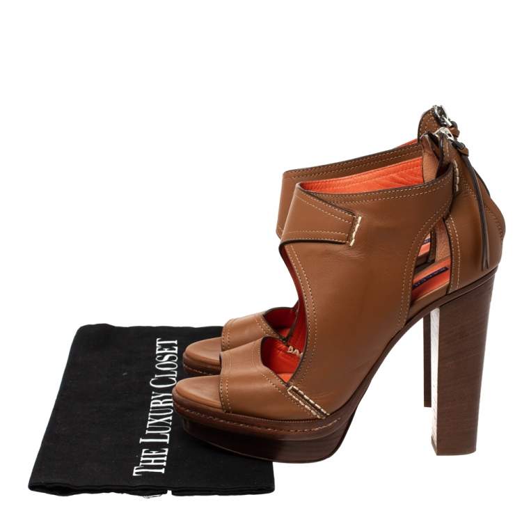 Pre Owned Ralph Lauren Tan Cut Out Leather Platform Sandals Size 37.5