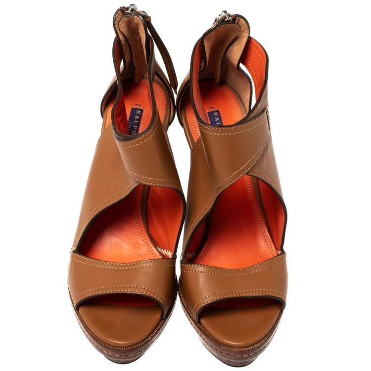 Pre Owned Ralph Lauren Tan Cut Out Leather Platform Sandals Size 37.5