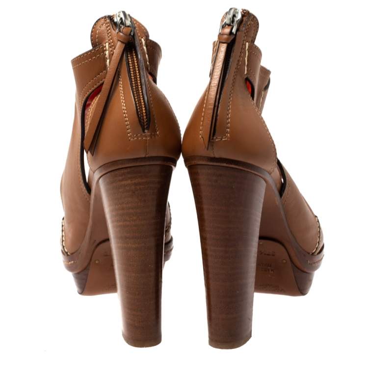 Pre Owned Ralph Lauren Tan Cut Out Leather Platform Sandals Size 37.5