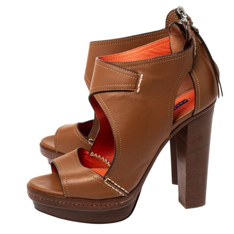 Pre Owned Ralph Lauren Tan Cut Out Leather Platform Sandals Size 37.5