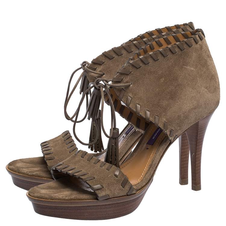 Pre Owned Ralph Lauren Brown Suede Whipstitch Tassel Lace Ankle Wrap Platform Sandals Size 36