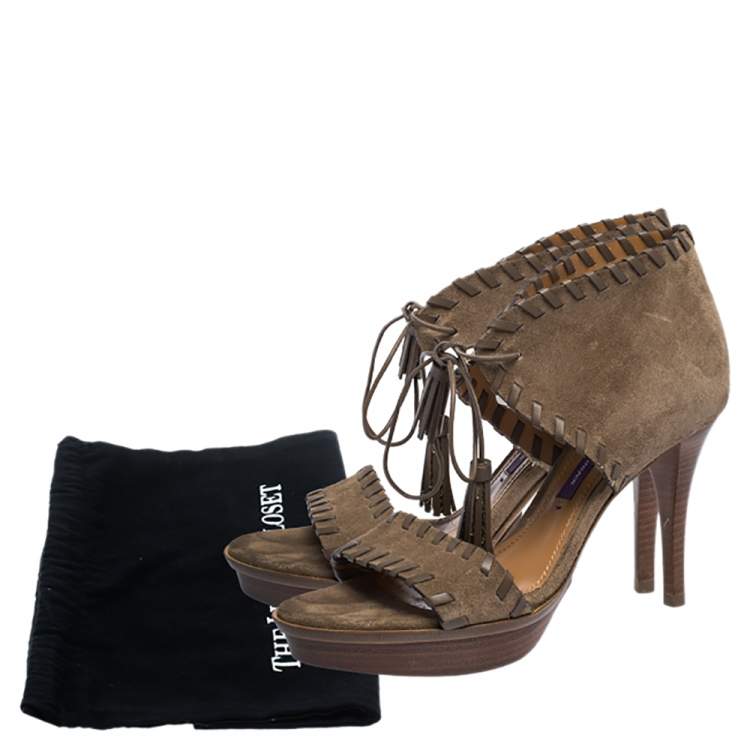 Pre Owned Ralph Lauren Brown Suede Whipstitch Tassel Lace Ankle Wrap Platform Sandals Size 36