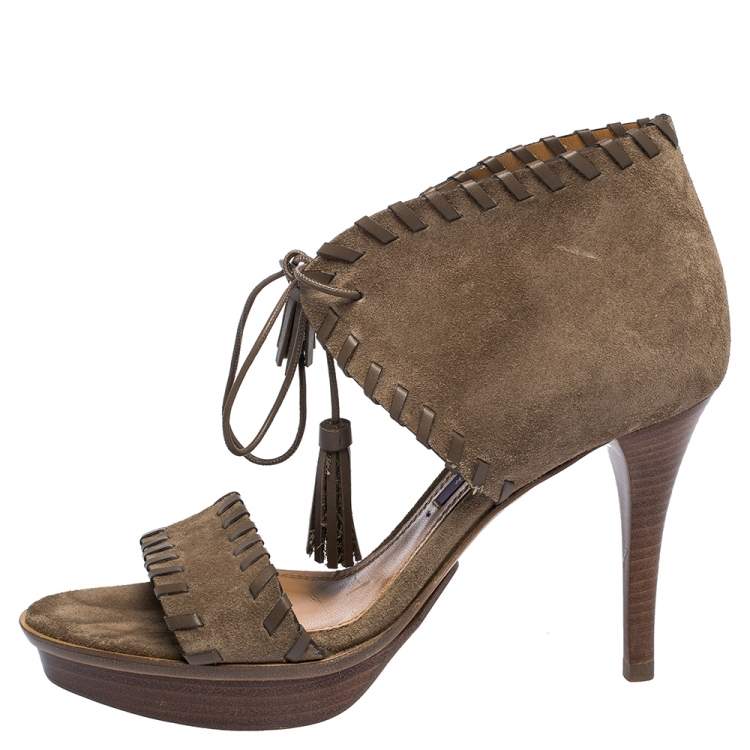 Pre Owned Ralph Lauren Brown Suede Whipstitch Tassel Lace Ankle Wrap Platform Sandals Size 36