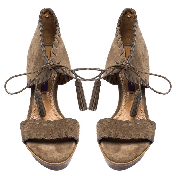 Pre Owned Ralph Lauren Brown Suede Whipstitch Tassel Lace Ankle Wrap Platform Sandals Size 36
