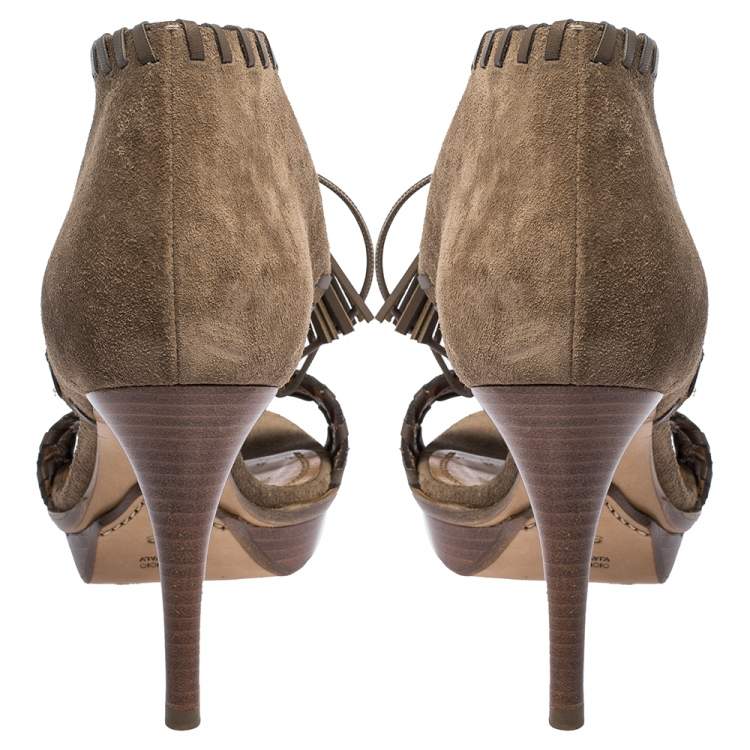 Pre Owned Ralph Lauren Brown Suede Whipstitch Tassel Lace Ankle Wrap Platform Sandals Size 36